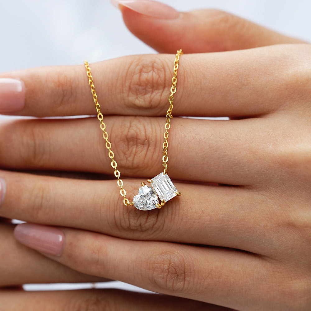 2 Carats Sugar Cube Heart Moissanite Pendant Clavicle Chain Necklace